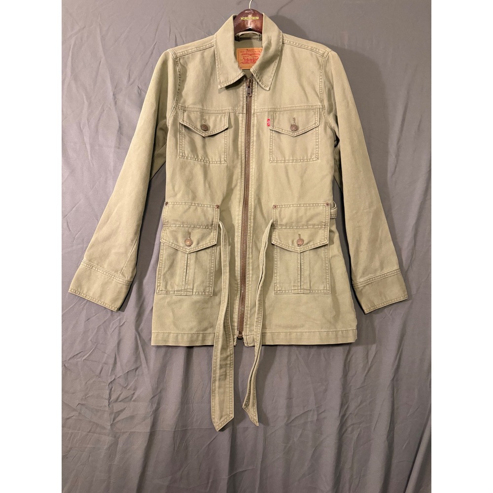 Levis Bush Jacket Womens Medium Olive Green Cotton Canvas Belted Utility Safari